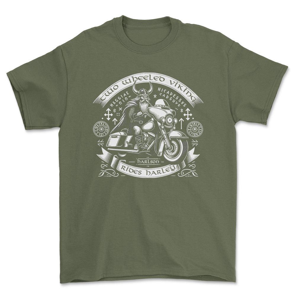 Harley Two Wheeled Viking Rides Harley - Unisex T-Shirt , Bomuld-Beklædning-Harley Davidson-Grøn Militær-S-Forside-Garage Culture Shop- garage - man cave - merchandise