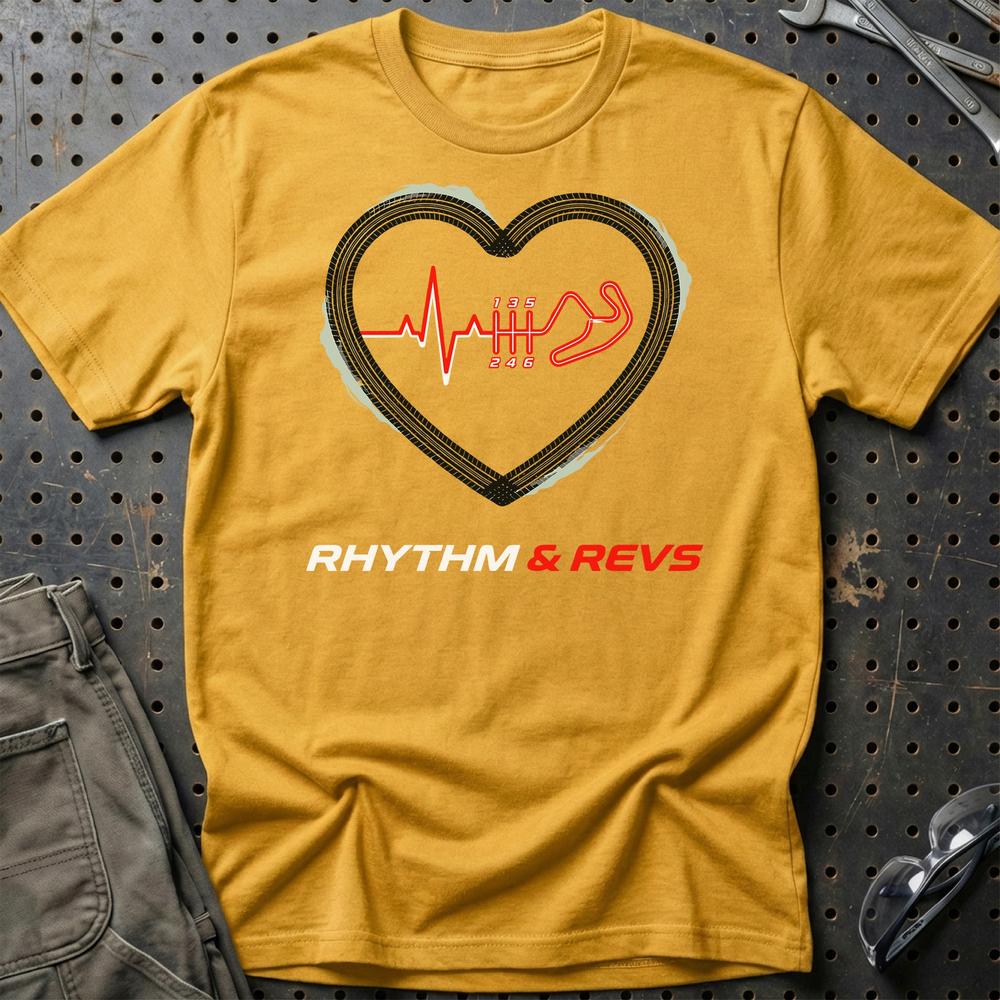 Hjerterytme & Hestekræfter Rhytm & Revs – Unisex T-Shirt , Bomuld-Beklædning-Garage Culture-Guld-S-Garage Culture Shop- garage - man cave - merchandise