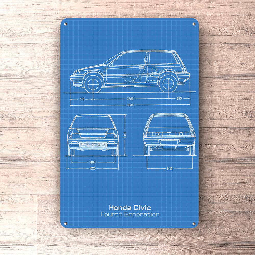 Honda Civic Hatchback 4 Gen Blueprint Skilte, Musemåtte, Dørmåtte-Blueprint-Honda-Garage Culture Shop- garage - man cave - merchandise
