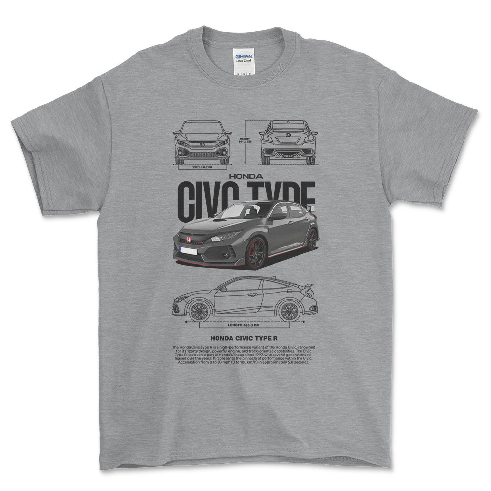 Honda Civic type R - Unisex T-Shirt , Bomuld-Beklædning-Honda-Grå Sport-S-Forside-Garage Culture Shop- garage - man cave - merchandise