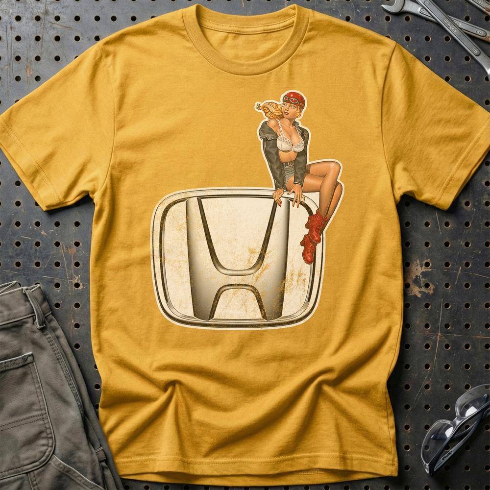 Honda Pinup - Unisex T-Shirt , Bomuld-Beklædning-Honda-Guld-S-Garage Culture Shop- garage - man cave - merchandise