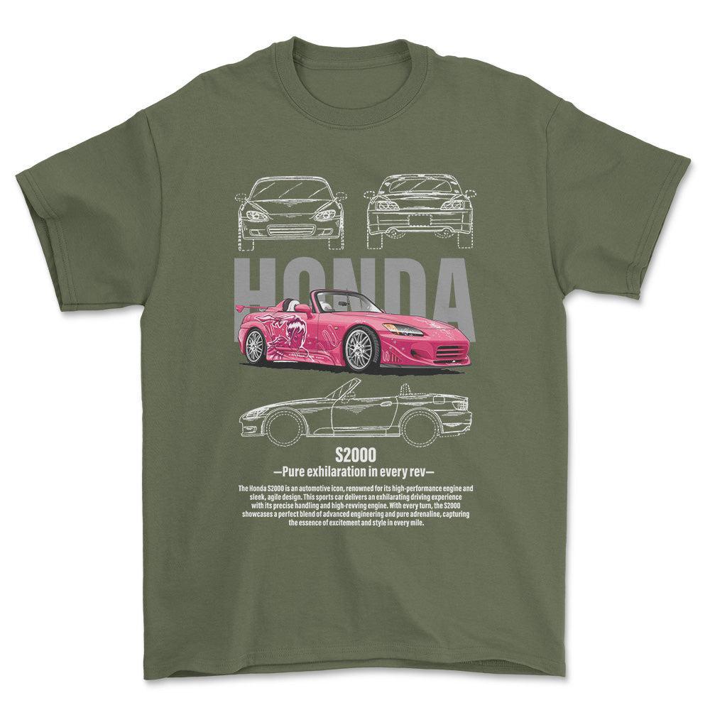 Honda S2000 - Unisex T-Shirt , Bomuld-Beklædning-Honda-Grøn Militær-S-Forside-Garage Culture Shop- garage - man cave - merchandise