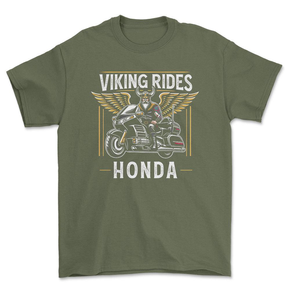 Honda Viking Rides Honda Goldwing - Unisex T-Shirt , Bomuld-Beklædning-Honda-Grøn Militær-S-Forside-Garage Culture Shop- garage - man cave - merchandise