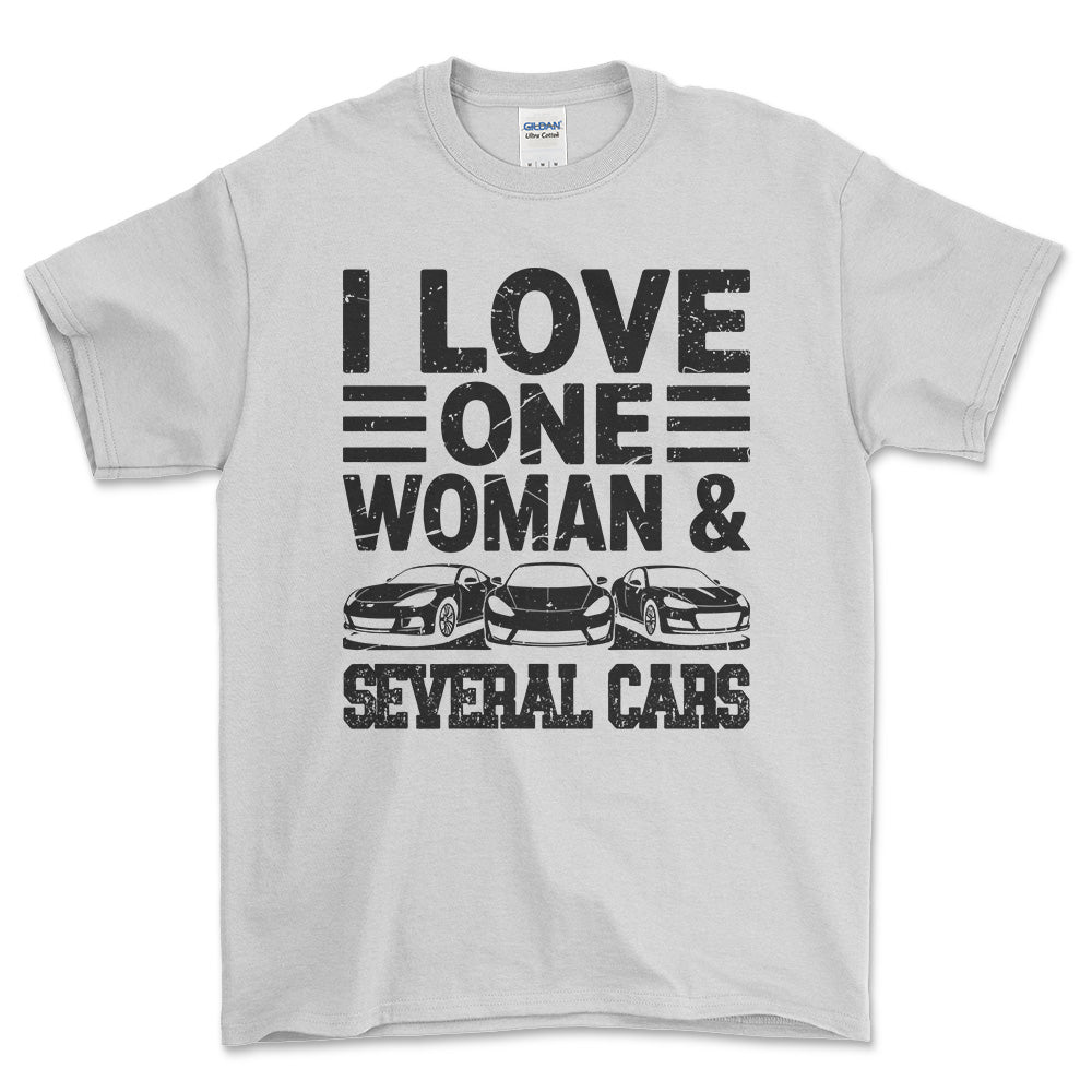 I Love One Woman and Several Cars T-Shirt , Bomuld-Beklædning-Garage Culture-Hvid-S-Forside-Garage Culture Shop- garage - man cave - merchandise
