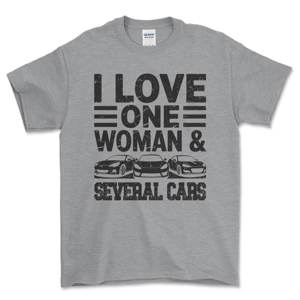 I Love One Woman and Several Cars T-Shirt , Bomuld-Beklædning-Garage Culture-Grå Sport-S-Forside-Garage Culture Shop- garage - man cave - merchandise