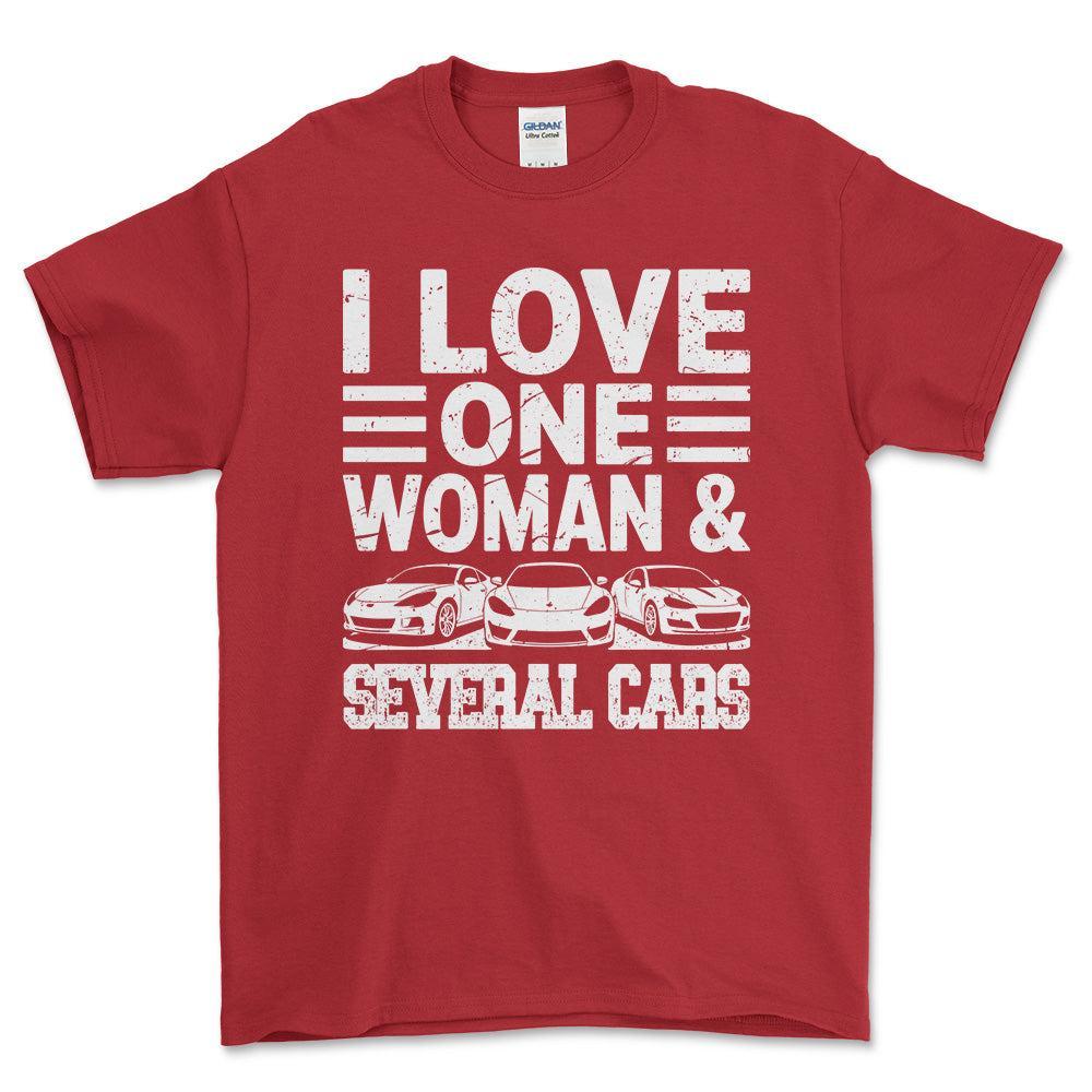 I Love One Woman and Several Cars T-Shirt , Bomuld-Beklædning-Garage Culture-Rød-S-Forside-Garage Culture Shop- garage - man cave - merchandise