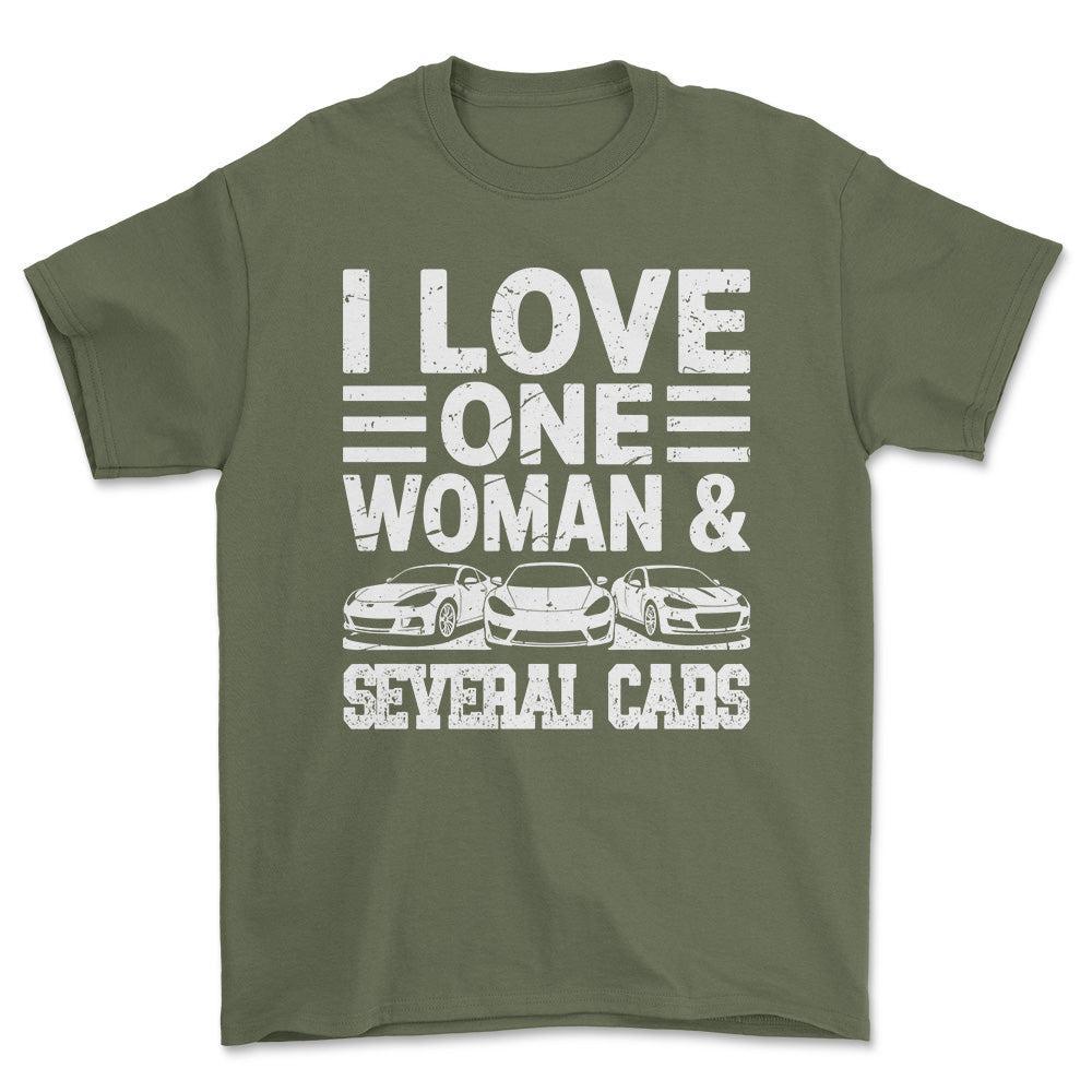 I Love One Woman and Several Cars T-Shirt , Bomuld-Beklædning-Garage Culture-Grøn Militær-S-Forside-Garage Culture Shop- garage - man cave - merchandise