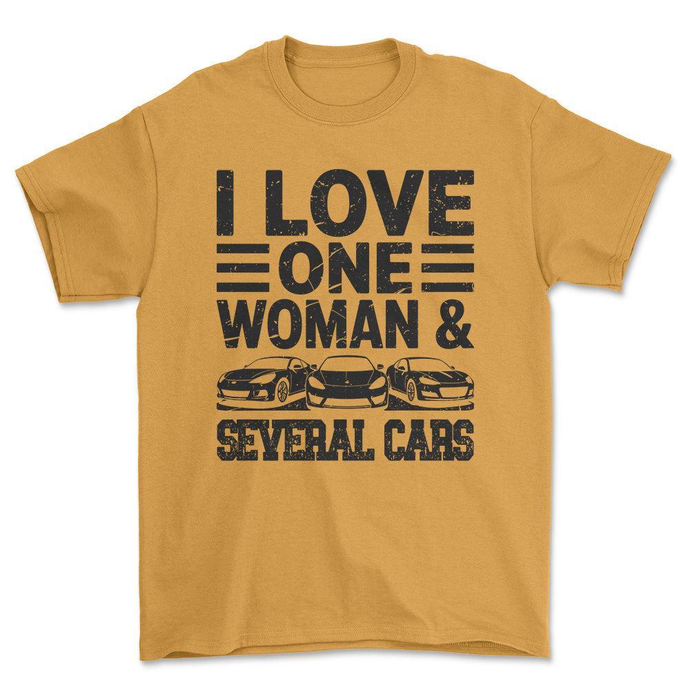 I Love One Woman and Several Cars T-Shirt , Bomuld-Beklædning-Garage Culture-Guld-S-Forside-Garage Culture Shop- garage - man cave - merchandise