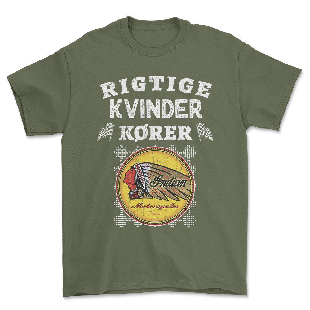 Indian Rigtige Kvinder Kører - Unisex T-Shirt , Bomuld-Beklædning-Indian-Grøn Militær-S-Forside-Garage Culture Shop- garage - man cave - merchandise