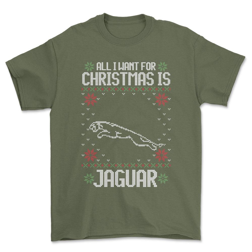 Jaguar - All I Want For Christmas - Unisex T-Shirt , Bomuld-Beklædning-Jaguar-Grøn Militær-S-Forside-Garage Culture Shop- garage - man cave - merchandise