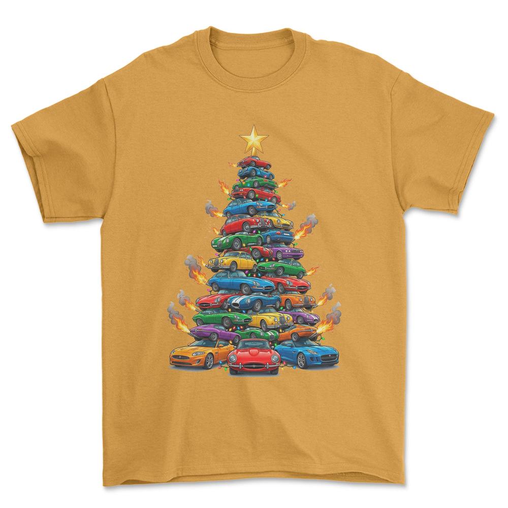 Jaguar Juletræ Christmas Tree - Unisex T-Shirt-Beklædning-Jaguar-Guld-S-Forside-Garage Culture Shop- garage - man cave - merchandise
