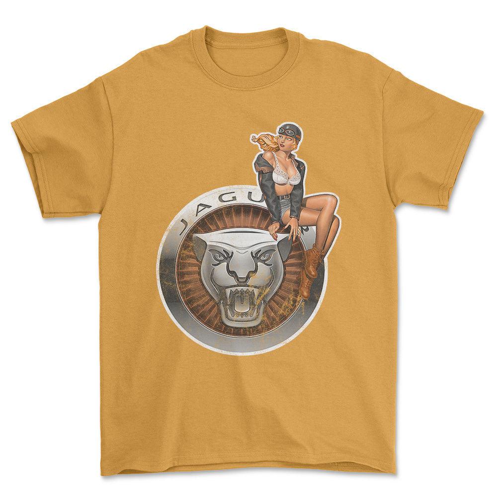 Jaguar Pinup - Unisex T-Shirt , Bomuld-Beklædning-Jaguar-Guld-S-Forside-Garage Culture Shop- garage - man cave - merchandise