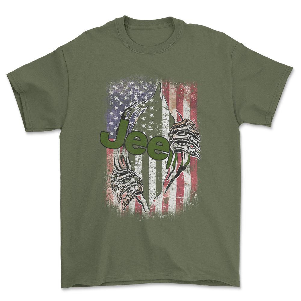 Jeep US Flag Unisex T-Shirt , Bomuld-Beklædning-Jeep-Grøn Militær-S-Forside-Garage Culture Shop- garage - man cave - merchandise
