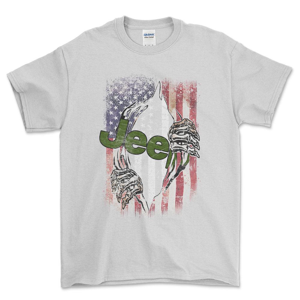 Jeep US Flag Unisex T-Shirt , Bomuld-Beklædning-Jeep-Hvid-S-Forside-Garage Culture Shop- garage - man cave - merchandise