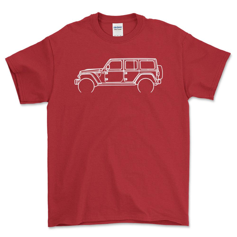 Jeep Wrangler 2022 Outline - Unisex T-Shirt , Bomuld-Beklædning-Jeep-Rød-S-Forside-Garage Culture Shop- garage - man cave - merchandise