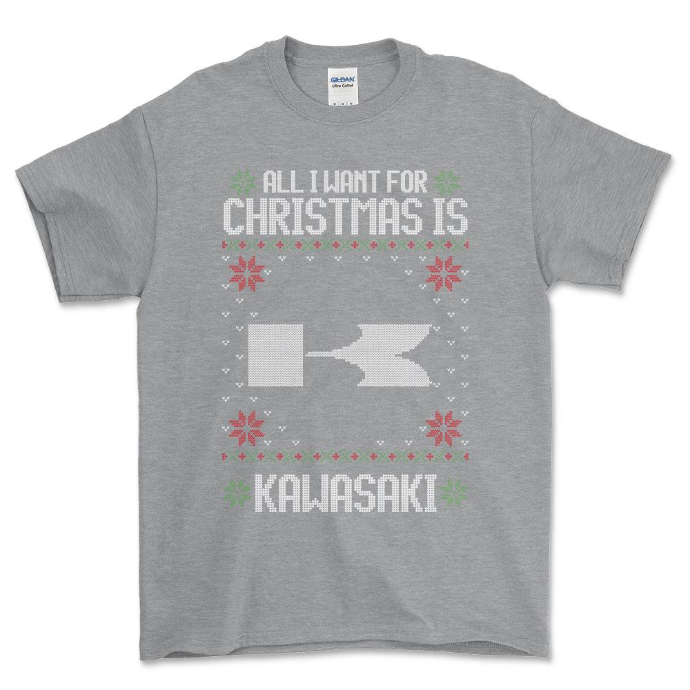Kawasaki - All I Want For Christmas - Unisex T-Shirt , Bomuld-Beklædning-Kawasaki-Grå Sport-S-Forside-Garage Culture Shop- garage - man cave - merchandise