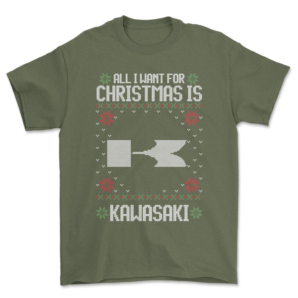 Kawasaki - All I Want For Christmas - Unisex T-Shirt , Bomuld-Beklædning-Kawasaki-Grøn Militær-S-Forside-Garage Culture Shop- garage - man cave - merchandise