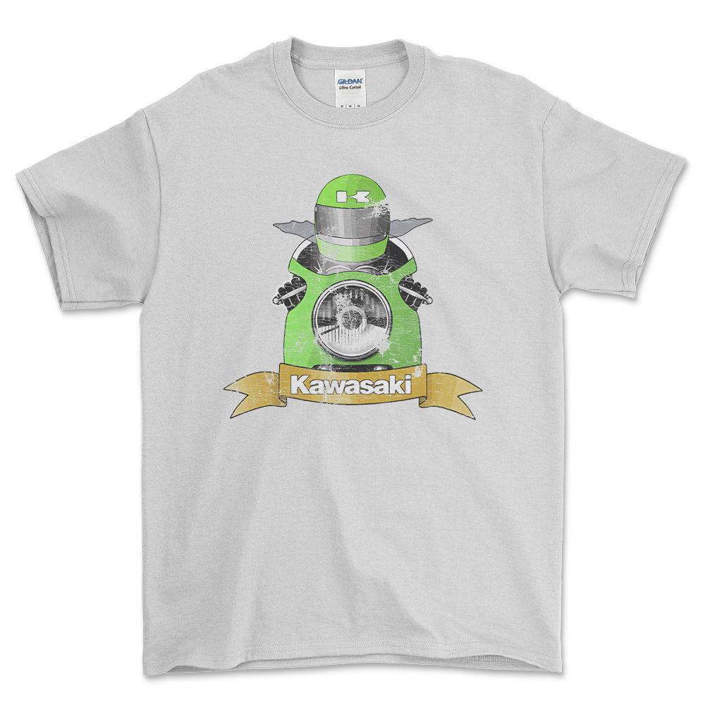 Kawasaki Biker Vintage Style Unisex T-Shirt , Bomuld-Beklædning-Kawasaki-Hvid-S-Forside-Garage Culture Shop- garage - man cave - merchandise