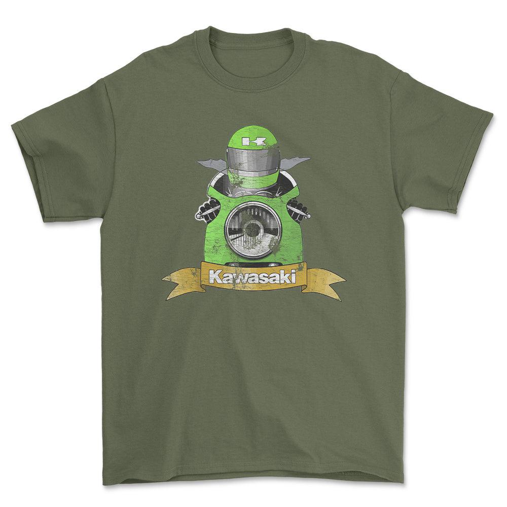 Kawasaki Biker Vintage Style Unisex T-Shirt , Bomuld-Beklædning-Kawasaki-Grøn Militær-S-Forside-Garage Culture Shop- garage - man cave - merchandise