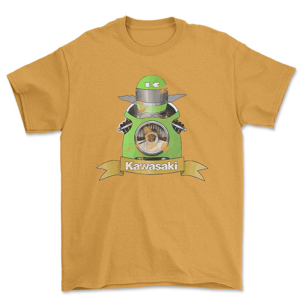 Kawasaki Biker Vintage Style Unisex T-Shirt , Bomuld-Beklædning-Kawasaki-Guld-S-Forside-Garage Culture Shop- garage - man cave - merchandise
