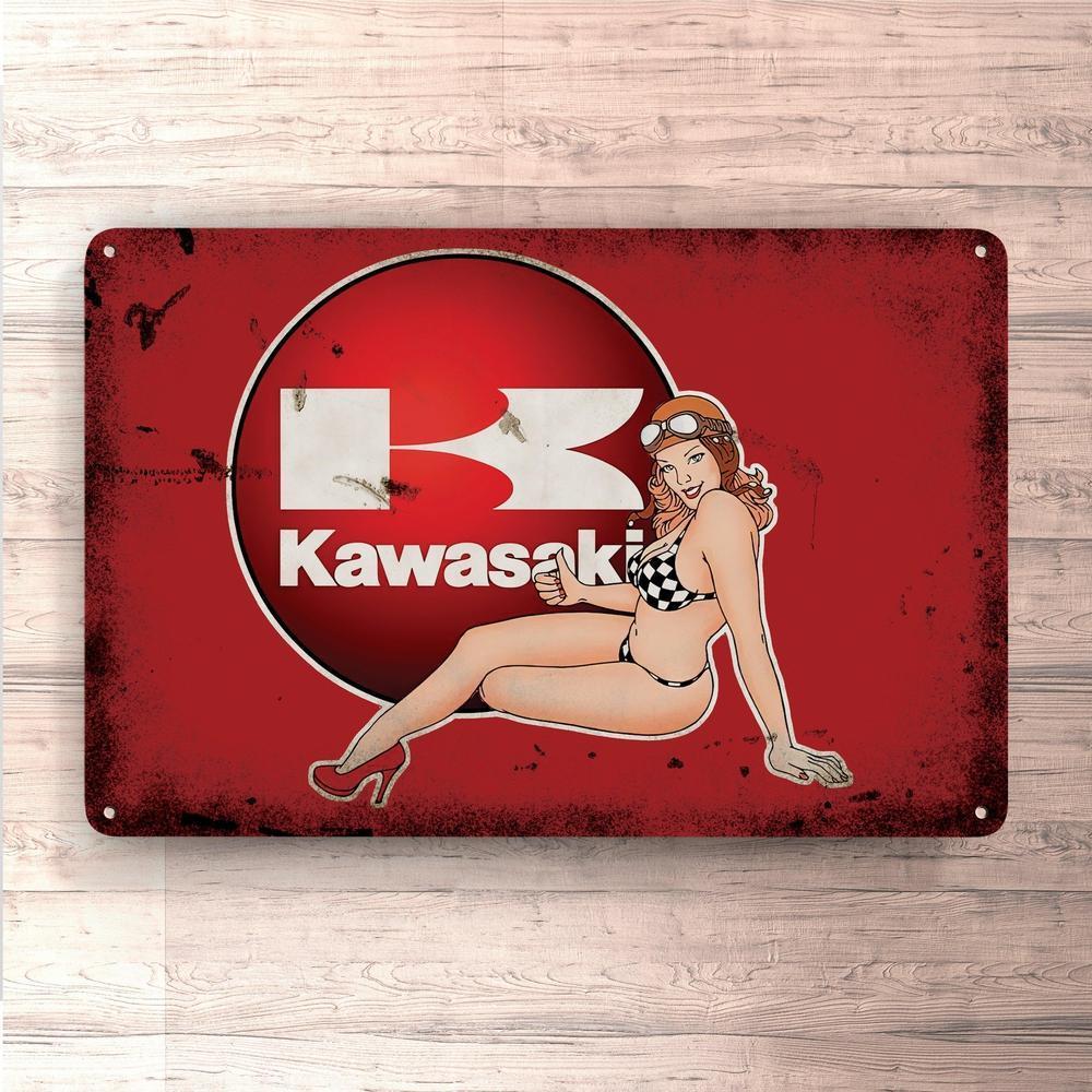 Kawasaki Pin-Up Vintage Skilte, Musemåtte, Dørmåtte-Skilte-Kawasaki-Garage Culture Shop- garage - man cave - merchandise