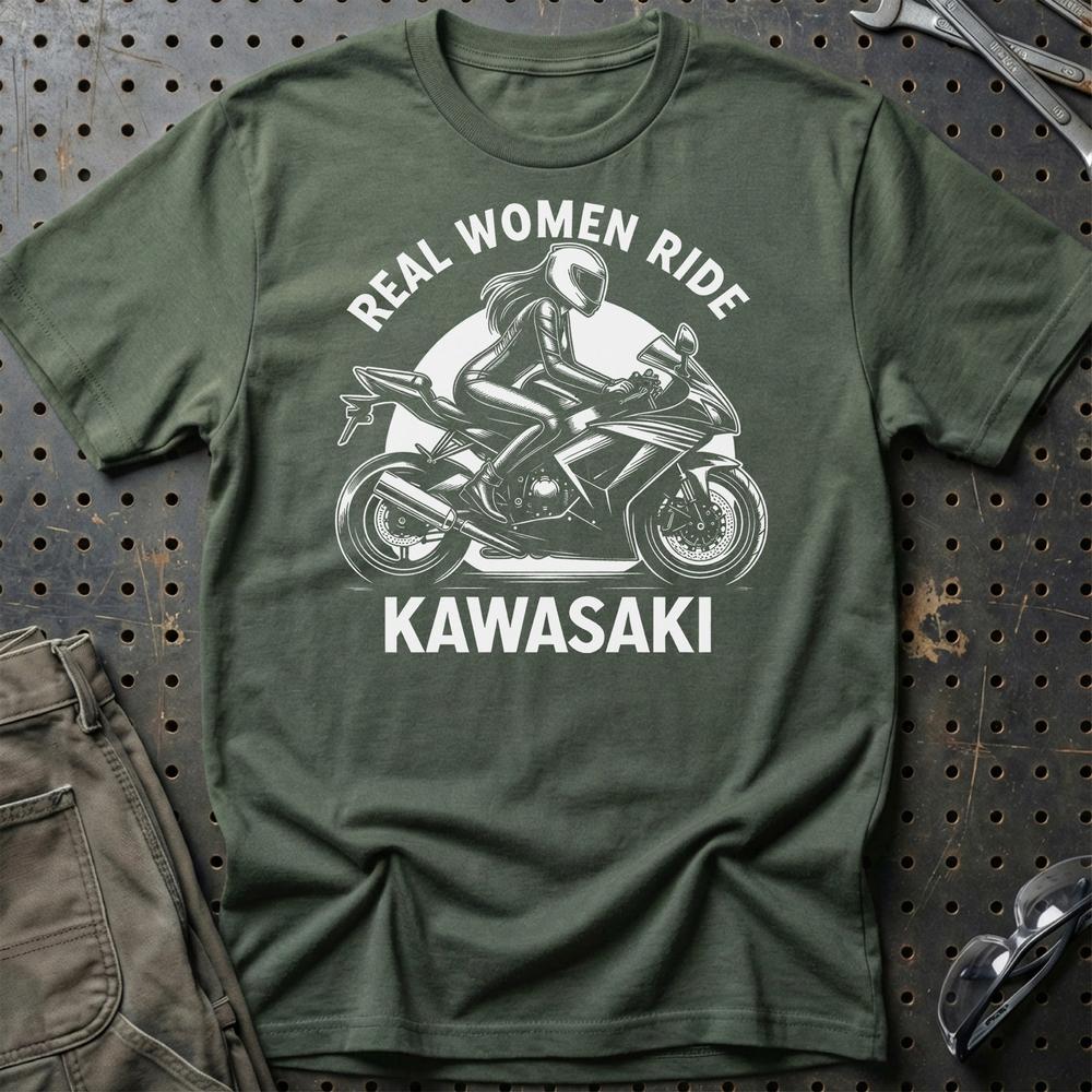 Kawasaki Real Women Ride Kawasaki - Unisex T-Shirt , Bomuld-Beklædning-Kawasaki-Grøn Militær-S-Garage Culture Shop- garage - man cave - merchandise