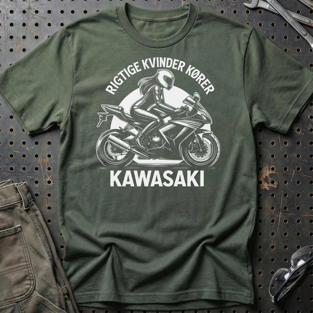 Kawasaki Rigtige Kvinder Kører Kawasaki - Unisex T-Shirt , Bomuld-Beklædning-Kawasaki-Grøn Militær-S-Garage Culture Shop- garage - man cave - merchandise