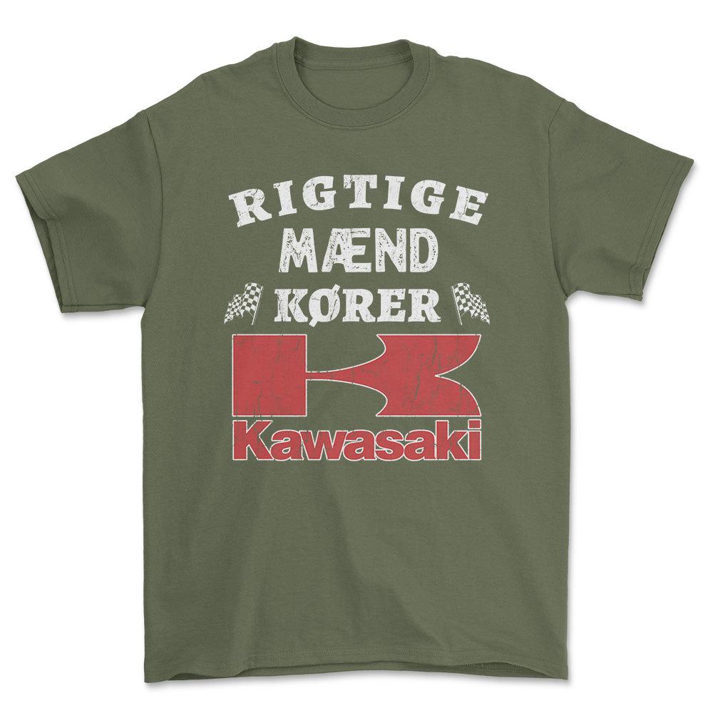 Kawasaki Rigtige Mænd Kører - Unisex T-Shirt , Bomuld-Beklædning-Kawasaki-Grøn Militær-S-Forside-Garage Culture Shop- garage - man cave - merchandise