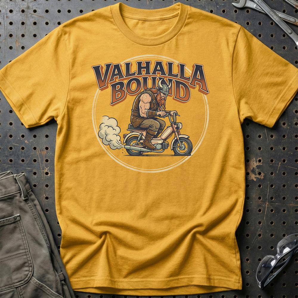 Knallert Valhalla Bound Viking Rider - Unisex T-Shirt , Bomuld-Beklædning-Garage Culture-Guld-S-Garage Culture Shop- garage - man cave - merchandise