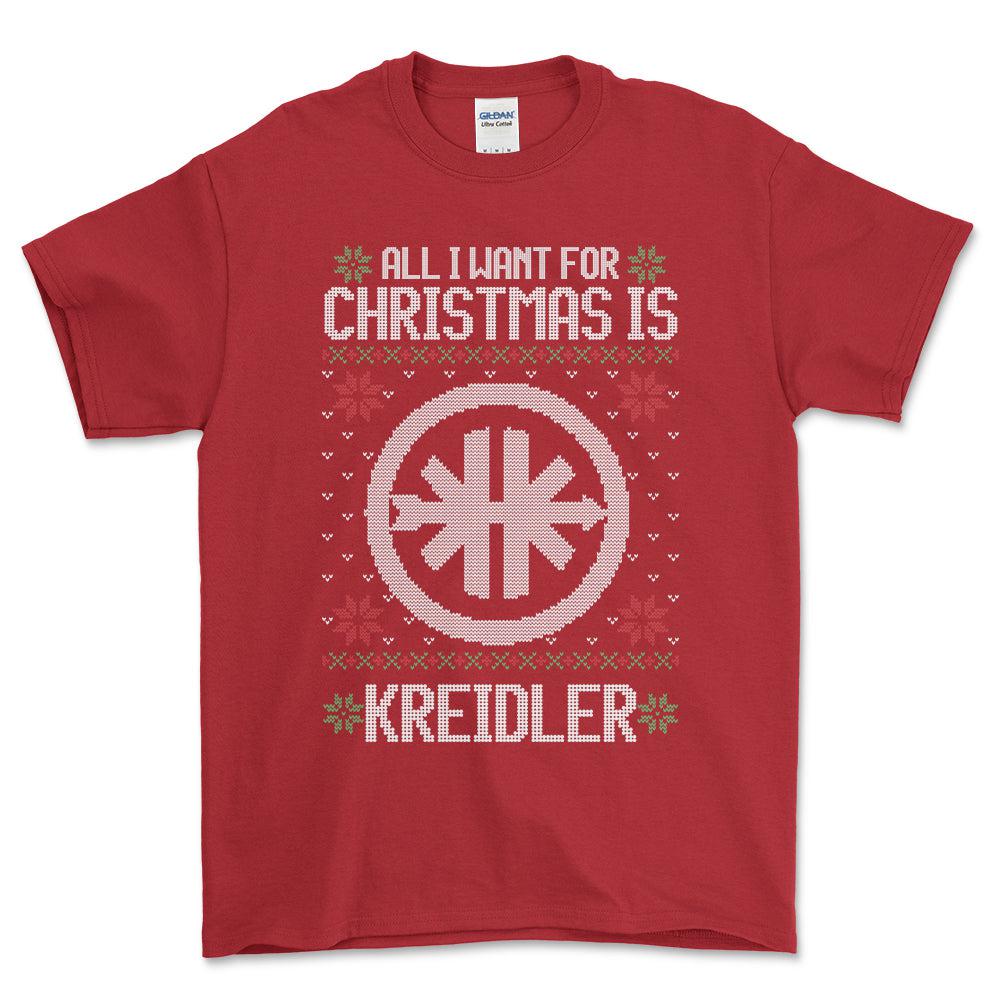 Kreidler - All I Want For Christmas - Unisex T-Shirt , Bomuld-Beklædning-Kreidler-Rød-S-Forside-Garage Culture Shop- garage - man cave - merchandise