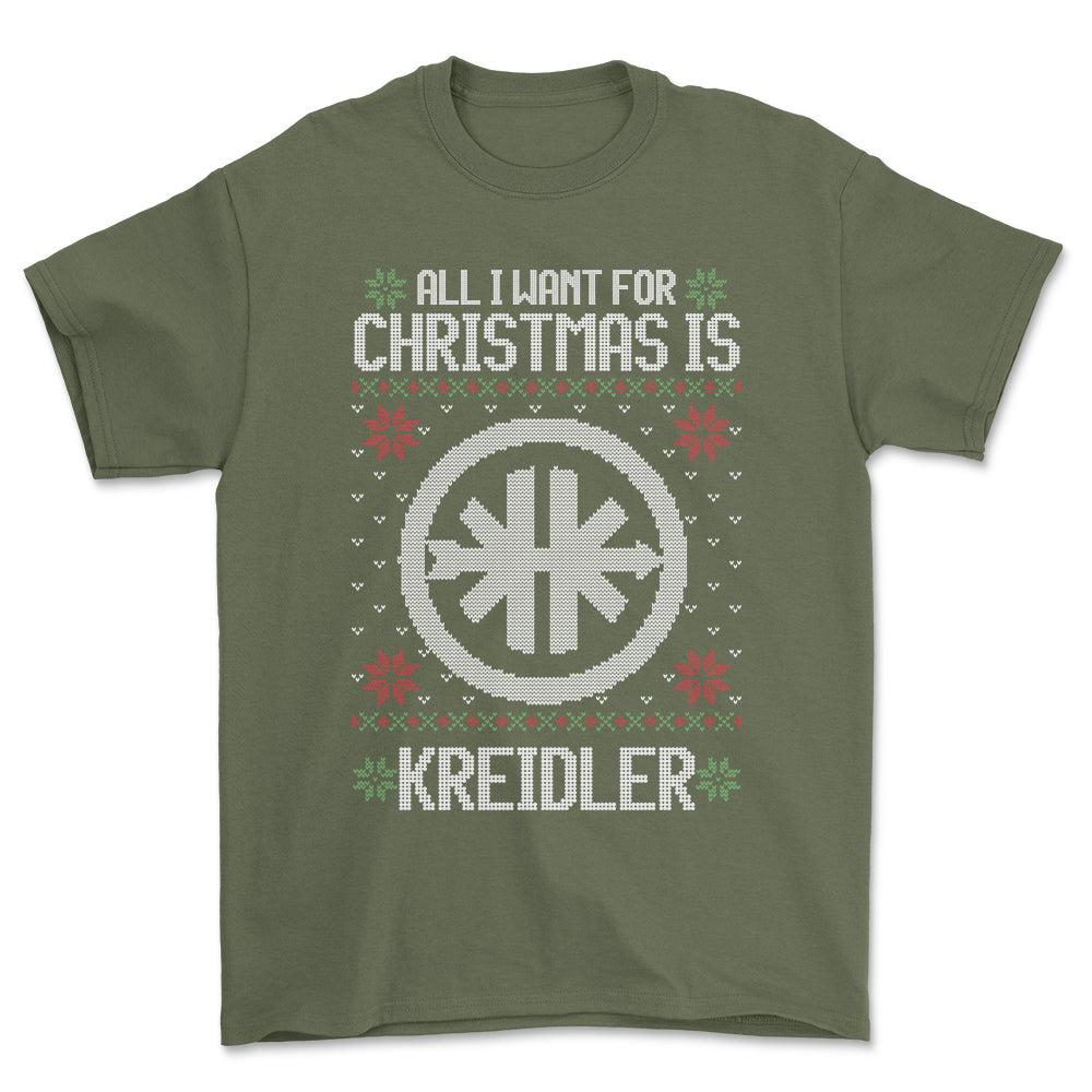 Kreidler - All I Want For Christmas - Unisex T-Shirt , Bomuld-Beklædning-Kreidler-Grøn Militær-S-Forside-Garage Culture Shop- garage - man cave - merchandise