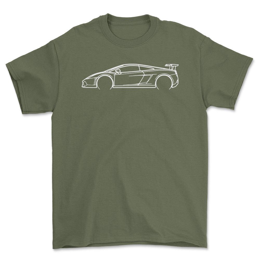 Lamborghini Gallardo 2012 Outline - Unisex T-Shirt , Bomuld-Beklædning-Lamborghini-Grøn Militær-S-Forside-Garage Culture Shop- garage - man cave - merchandise