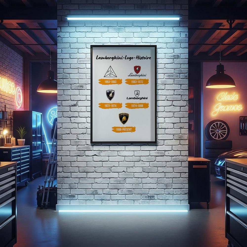 Lamborghini Logo Histoire Skilte, Musemåtte, Dørmåtte , Plakat-Skilte-Lamborghini-Garage Culture Shop- garage - man cave - merchandise