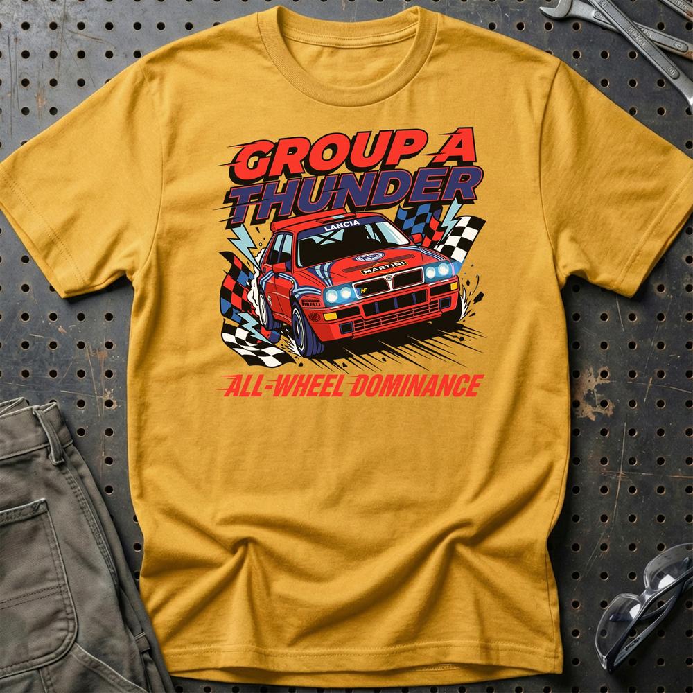 Lancia Delta Integrale Group A Thunder All-Wheel Dominance - Unisex T-Shirt , Bomuld-Beklædning-Lancia-Guld-S-Garage Culture Shop- garage - man cave - merchandise