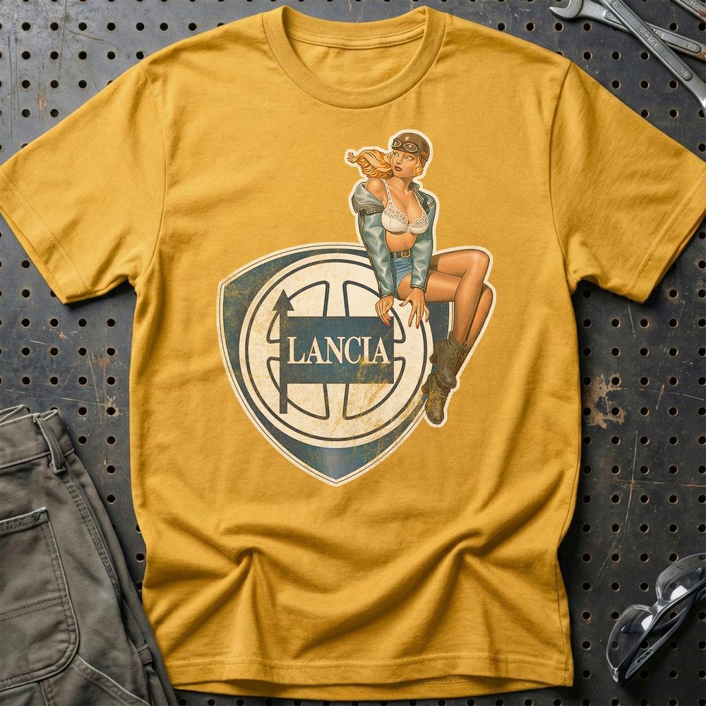 Lancia Pinup - Unisex T-Shirt , Bomuld-Beklædning-Lancia-Guld-S-Garage Culture Shop- garage - man cave - merchandise