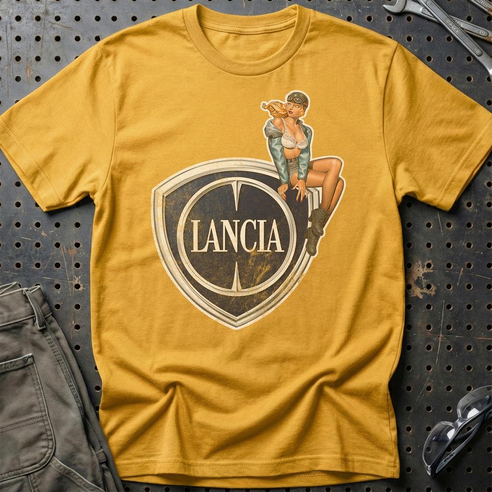 Lancia Pinup - Unisex T-Shirt , Bomuld-Beklædning-Lancia-Guld-S-Garage Culture Shop- garage - man cave - merchandise
