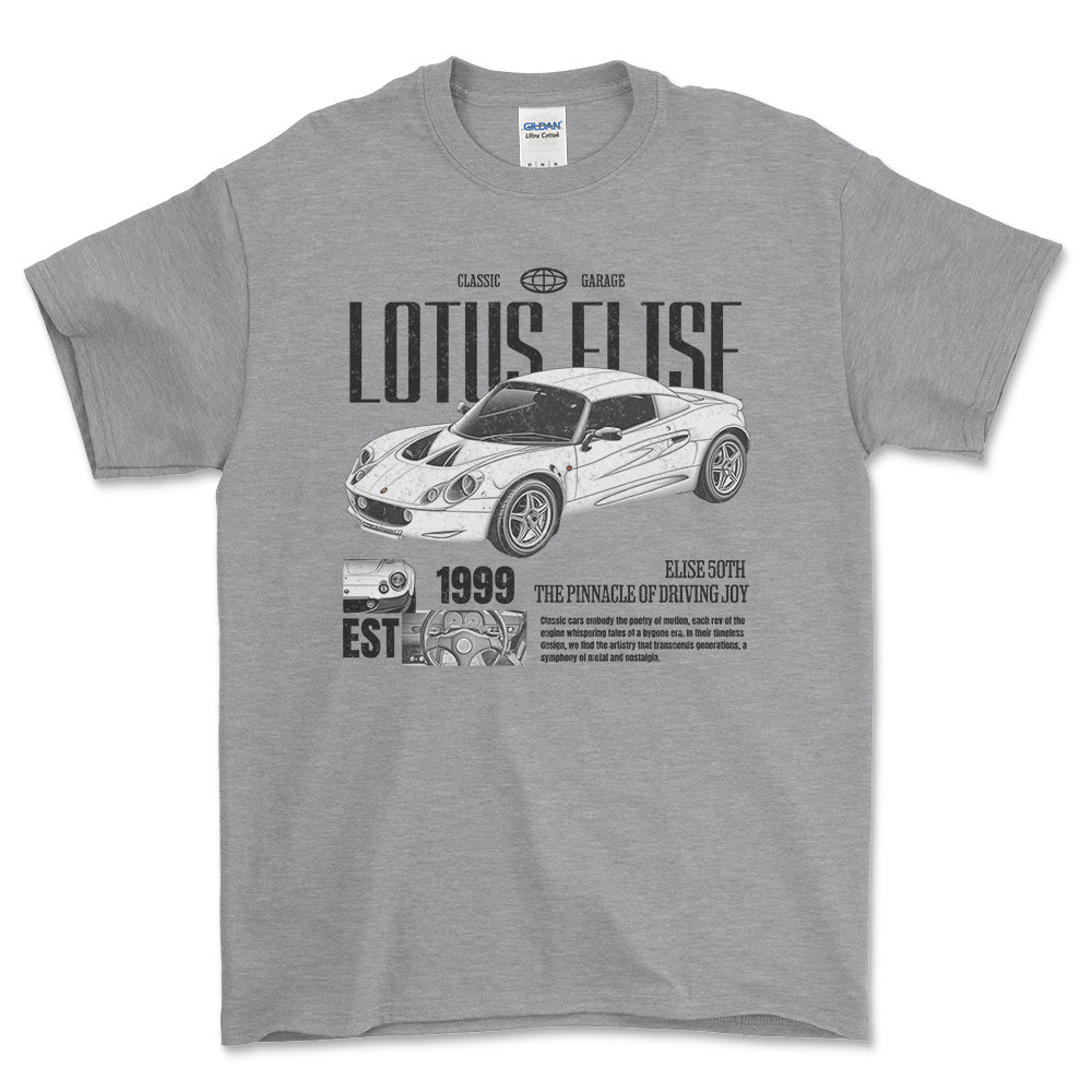 Lotus Elise - Classic Garage Unisex T-Shirt , Bomuld-Beklædning-Lotus-Grå Sport-S-Forside-Garage Culture Shop- garage - man cave - merchandise