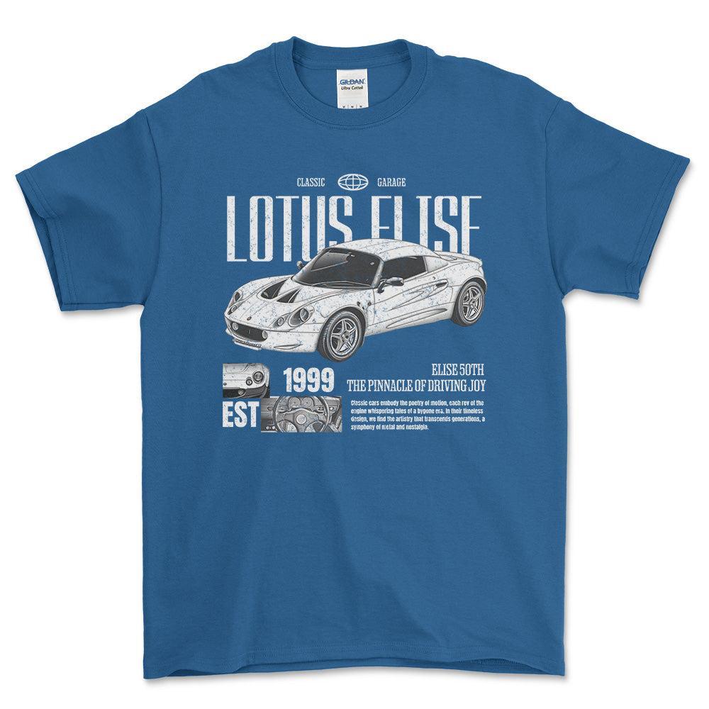 Lotus Elise - Classic Garage Unisex T-Shirt , Bomuld-Beklædning-Lotus-Blå Royal-S-Forside-Garage Culture Shop- garage - man cave - merchandise