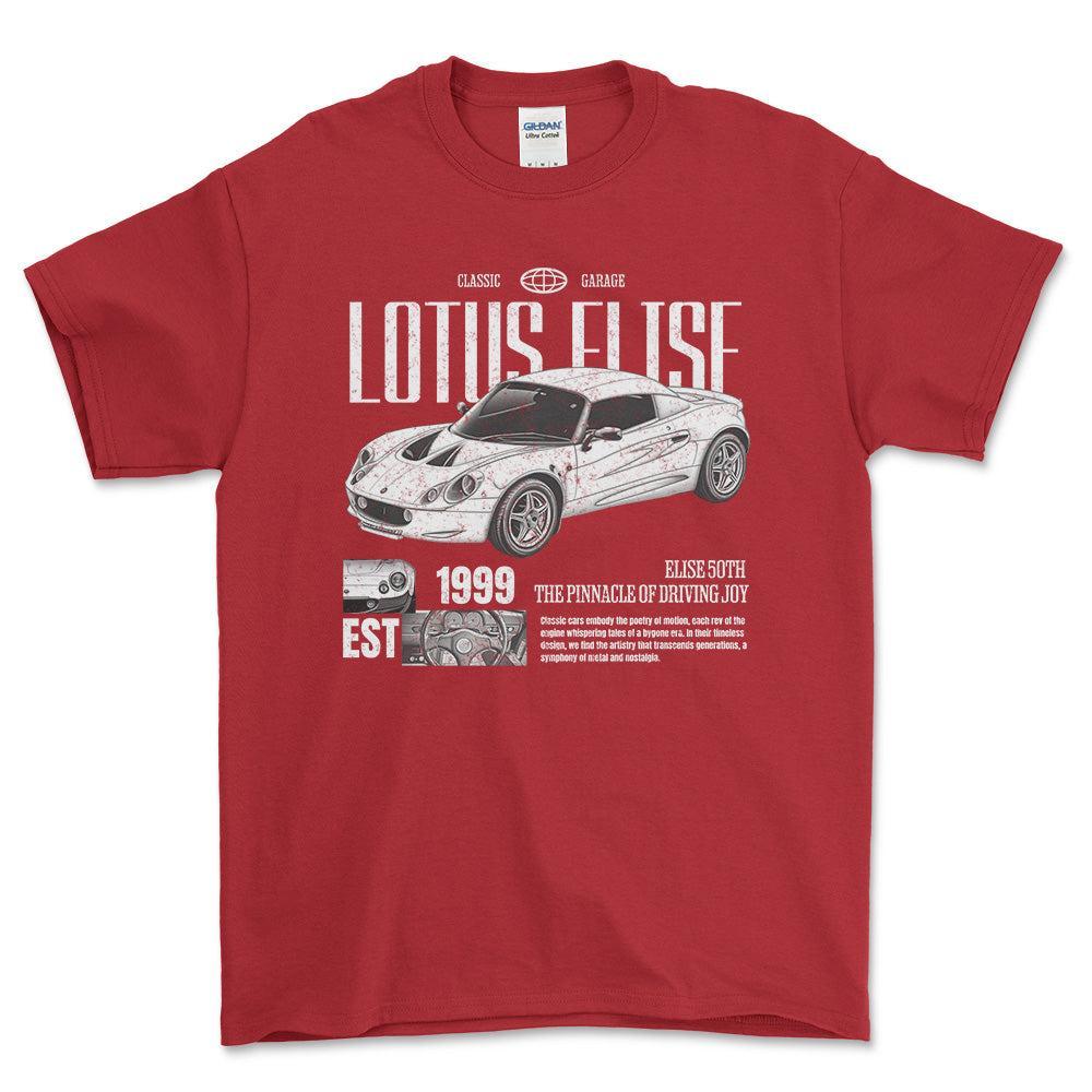 Lotus Elise - Classic Garage Unisex T-Shirt , Bomuld-Beklædning-Lotus-Rød-S-Forside-Garage Culture Shop- garage - man cave - merchandise