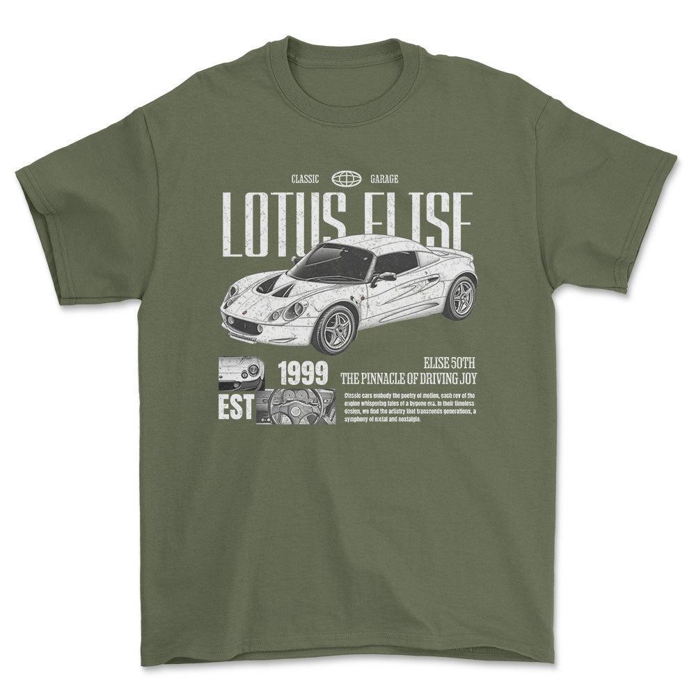 Lotus Elise - Classic Garage Unisex T-Shirt , Bomuld-Beklædning-Lotus-Grøn Militær-S-Forside-Garage Culture Shop- garage - man cave - merchandise