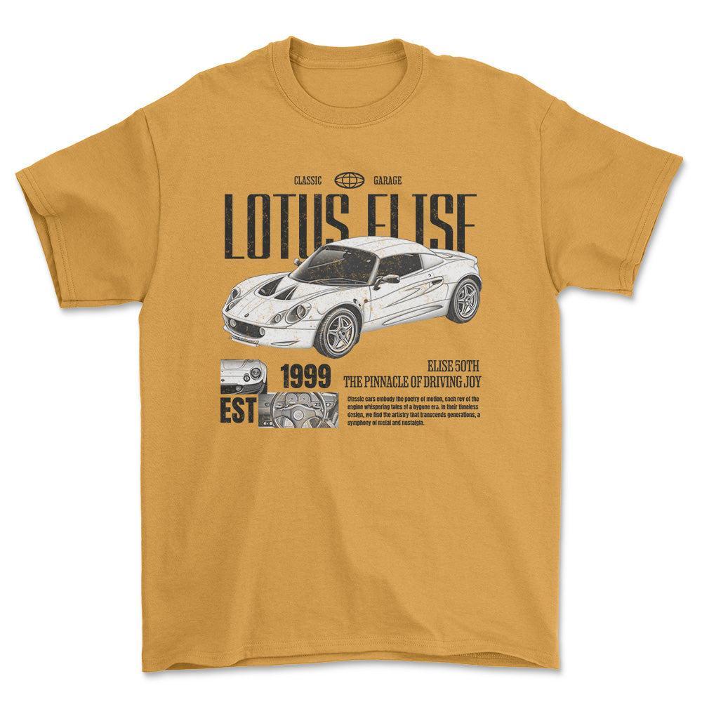 Lotus Elise - Classic Garage Unisex T-Shirt , Bomuld-Beklædning-Lotus-Guld-S-Forside-Garage Culture Shop- garage - man cave - merchandise