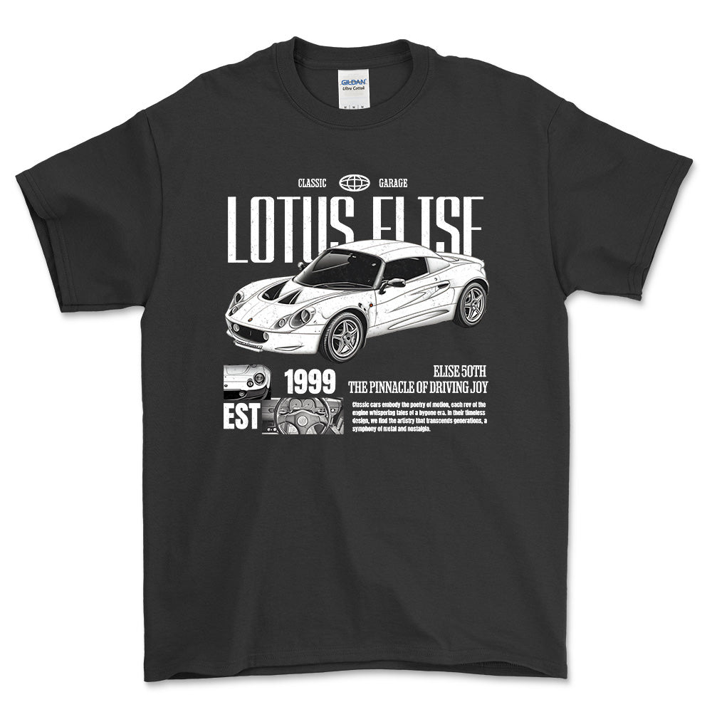 Lotus Elise - Classic Garage Unisex T-Shirt , Bomuld-Beklædning-Lotus-Sort-S-Forside-Garage Culture Shop- garage - man cave - merchandise