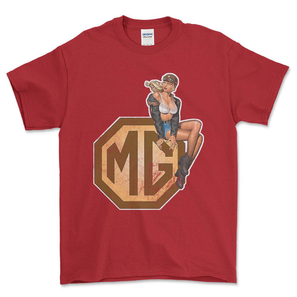 MG Pinup - Unisex T-Shirt , Bomuld-Beklædning-MG-Rød-S-Forside-Garage Culture Shop- garage - man cave - merchandise