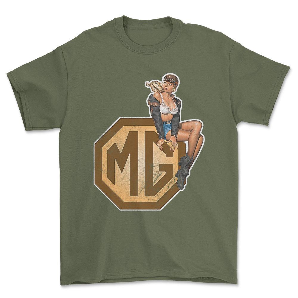 MG Pinup - Unisex T-Shirt , Bomuld-Beklædning-MG-Grøn Militær-S-Forside-Garage Culture Shop- garage - man cave - merchandise