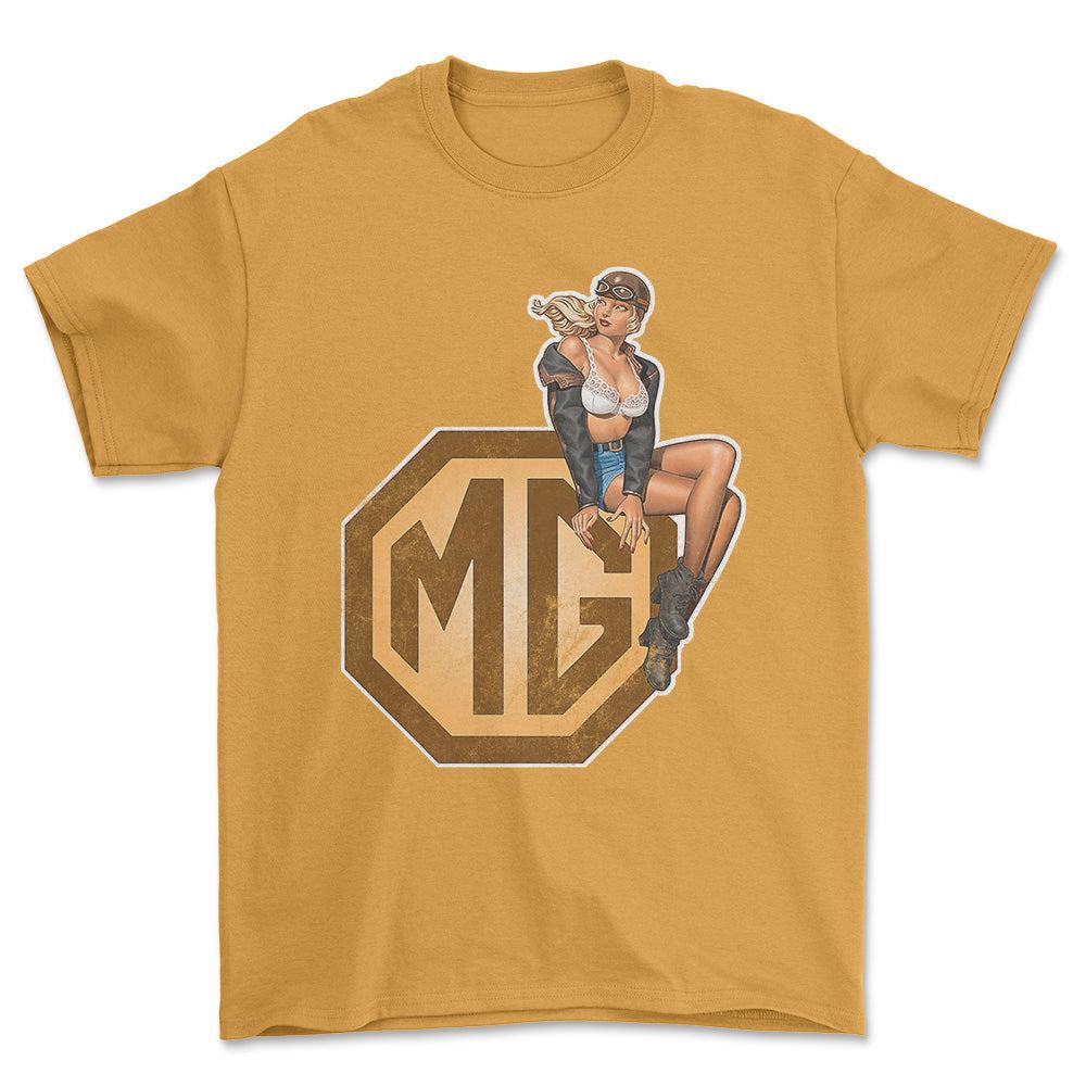 MG Pinup - Unisex T-Shirt , Bomuld-Beklædning-MG-Guld-S-Forside-Garage Culture Shop- garage - man cave - merchandise