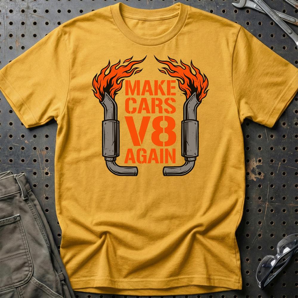 Make Cars V8 Again Muscle Car Enthusiast - Unisex T-Shirt , Bomuld-Beklædning-Garage Culture-Guld-S-Garage Culture Shop- garage - man cave - merchandise