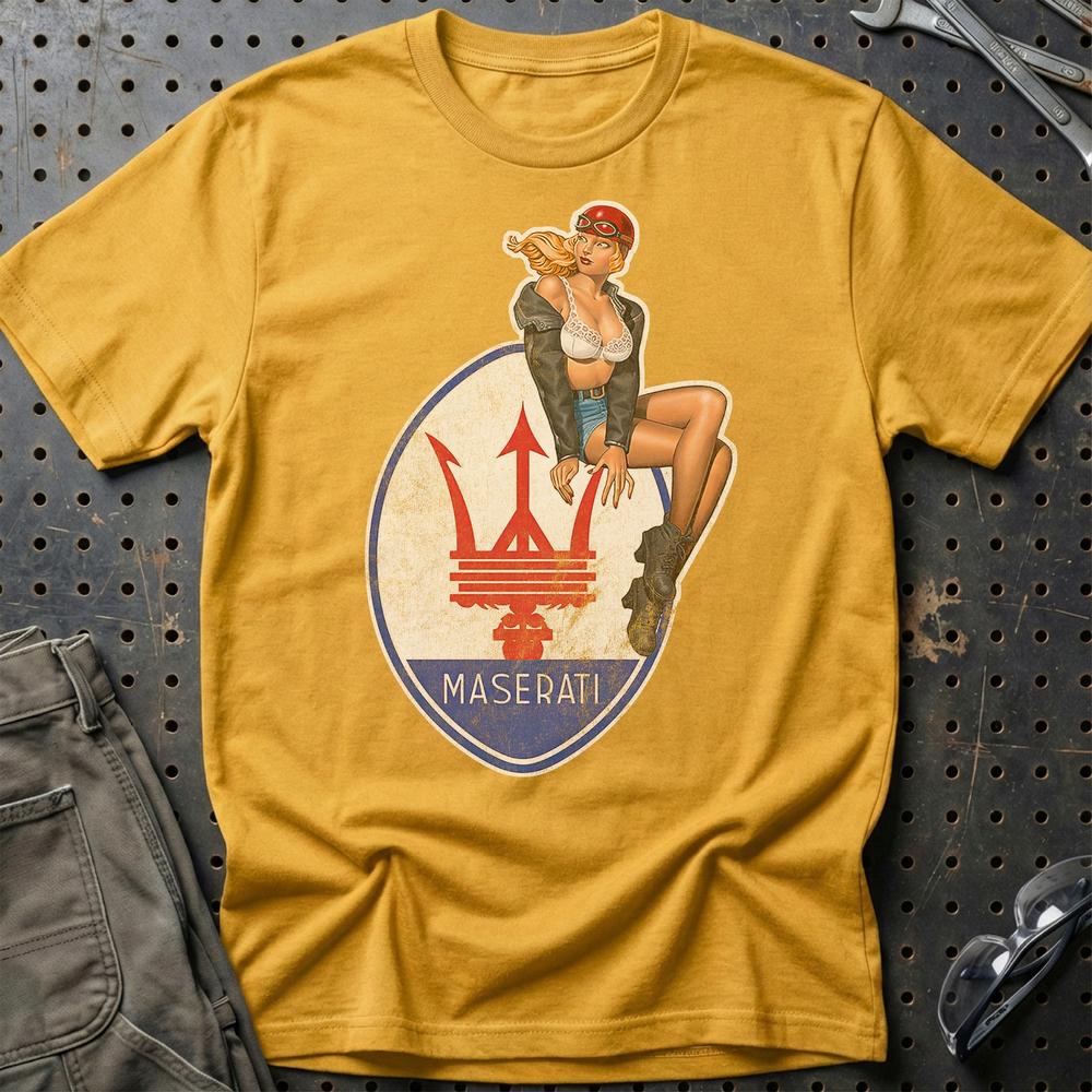 Maserati Pinup - Unisex T-Shirt , Bomuld-Beklædning-Maserati-Guld-S-Garage Culture Shop- garage - man cave - merchandise