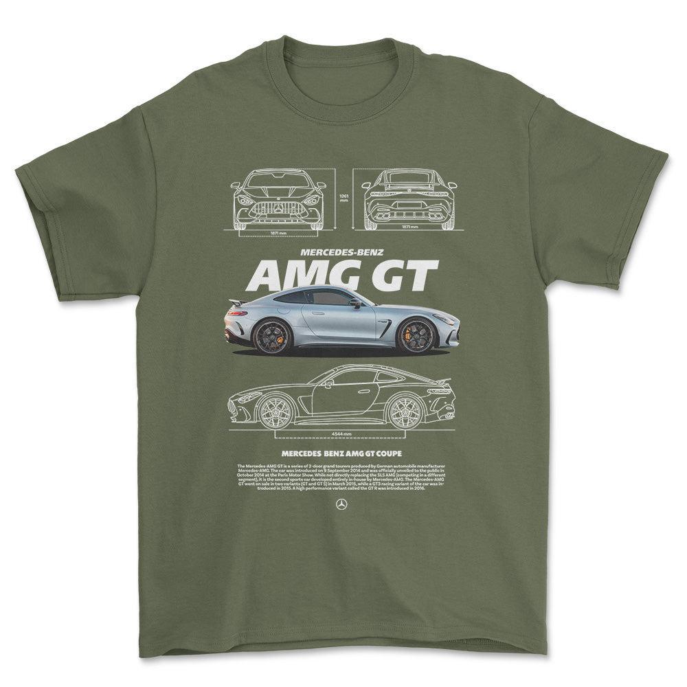 Mercedes AMG GT - Unisex T-Shirt , Bomuld-Beklædning-Mercedes-Grøn Militær-S-Forside-Garage Culture Shop- garage - man cave - merchandise
