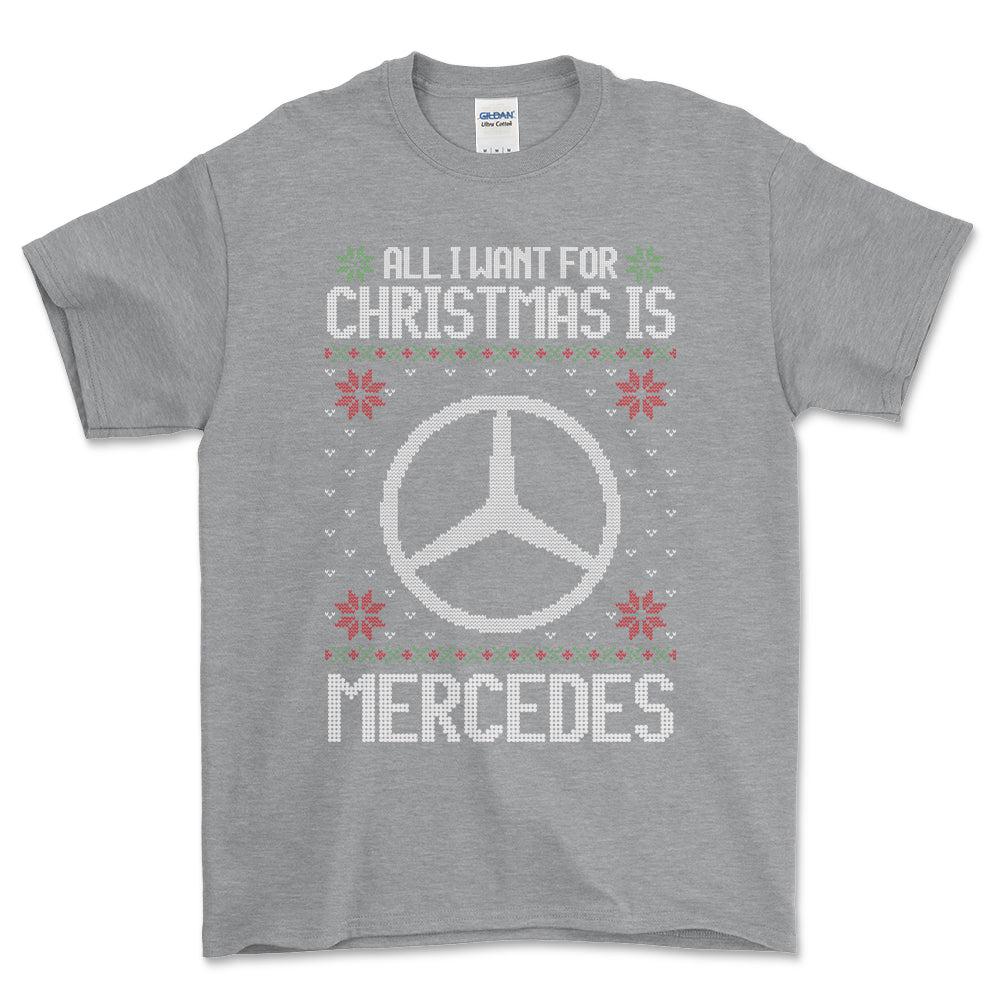 Mercedes - All I Want For Christmas - Unisex T-Shirt , Bomuld-Beklædning-Mercedes-Grå Sport-S-Forside-Garage Culture Shop- garage - man cave - merchandise