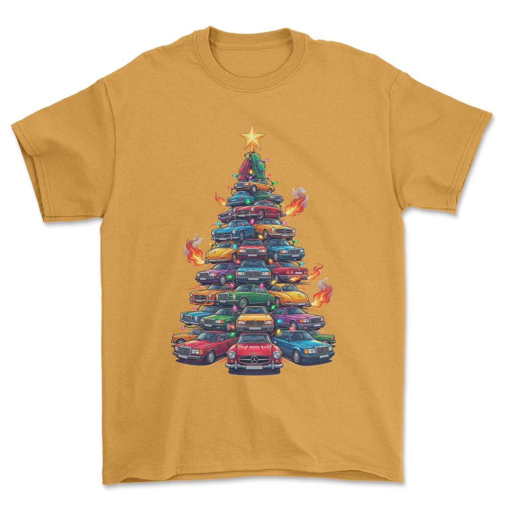 Mercedes Juletræ Christmas Tree - Unisex T-Shirt-Beklædning-Mercedes-Guld-S-Forside-Garage Culture Shop- garage - man cave - merchandise